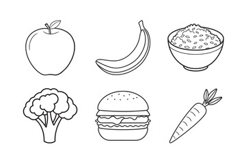 line art of bowl rice banana apple burger broccoli carrot foot items bundle on the white background 