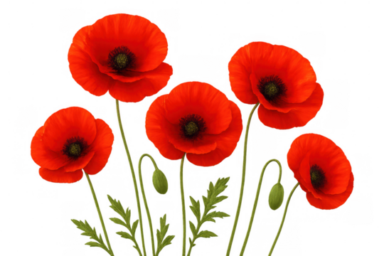 Five blossoming red poppies with green stems, leaves, and buds are isolated on a transparent background