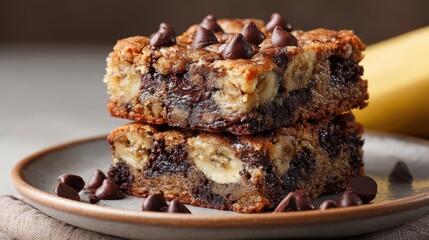 Close-up of two gooey chocolate chip and banana blondies stacked on a plate, with chocolate chips scattered around
