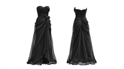 Isolated images of a strapless evening gown, front and back views, on clear background, showcasing fabric sheen and silhouette, high-detail rendering