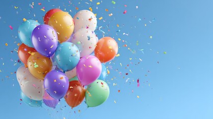 Colorful balloons with confetti on a blue plain background for a birthday