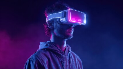 Young man in virtual reality. Holograms, meta verse. Artificial intelligence.Virtual reality, future technology, neon light. Digital Technology NFT game. Holograms. Generative AI