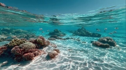 Turquoise ocean water with sandy bottom underwater. Tropical sea in paradise island. corals, fish, underwater world
