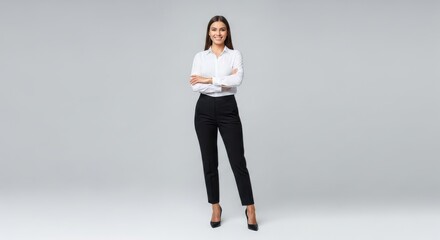 Women's formal attire: white button-down shirt and slim-fit trousers, available in various sizes