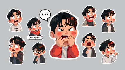 Sticker Set Expressive Cartoon Man with Various Emotions