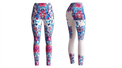 Isolated images of patterned capri leggings, front and back views, on clear background, emphasizing vibrant colors and print alignment, high-detail rendering