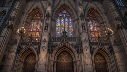 Naklejka premium Gothic Cathedral Facade With Colorful Illuminated Windows and Doors