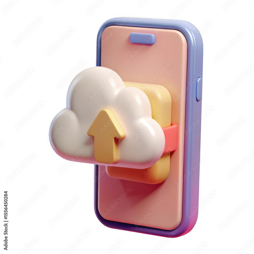 Aufkleber 3d cartoon cloud upload icon with upward arrow on a smartphone isolated on transparent background