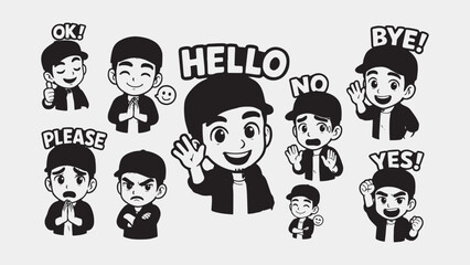 Sticker Set Expressive Cartoon Man with Various Emotions