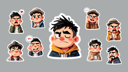Sticker Set Expressive Cartoon Man with Various Emotions