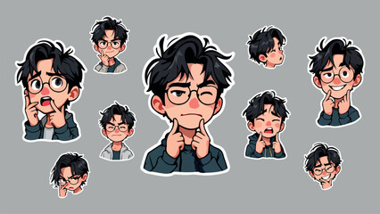 Sticker Set Expressive Cartoon Man with Various Emotions