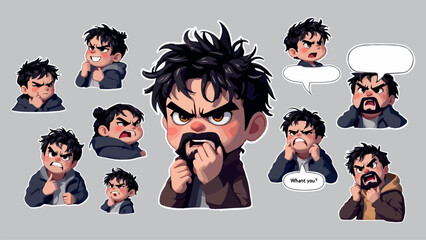 Sticker Set Expressive Cartoon Man with Various Emotions