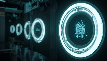 Obraz premium Glowing fingerprint scan dominates this science fiction scene, featuring advanced tech and futuristic security systems in a dark setting.