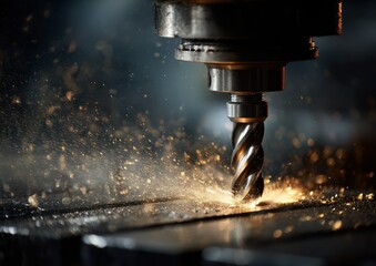 Intricate close-up of a high-speed drill pulverizing metal, creating sparks and heat