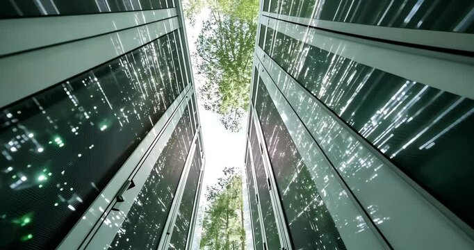 Low angle shot of servers in a data center with trees and sky in between, data flow visualization.
