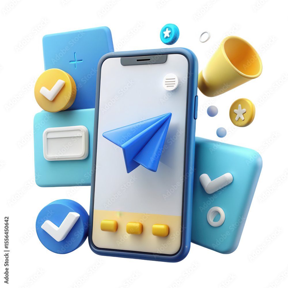 Poster 3d mobile phone with blue paper airplane and digital icons for communication and task management iso