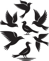 Seagull Silhouette Vector Set with Ocean Waves – Nautical and Coastal Design Elements for Marine-Themed Art and Decor

