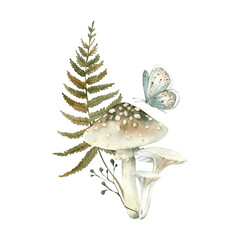 Autumn illustration with forest plants. Isolated on white background composition with mushrooms, fern and and butterfly. Hand drawn with watercolor. Template for postcards and autumn decor © Anastasiia