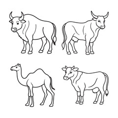 line art of cow buffalo and camel livestock bundle on the white background