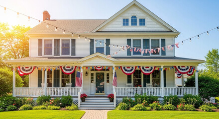 American house decorated for Independence Day.
Traditional white house with patriotic banners and flags for Fourth of July celebration.
