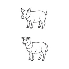 line art of pig and goat livestock bundle on the white background