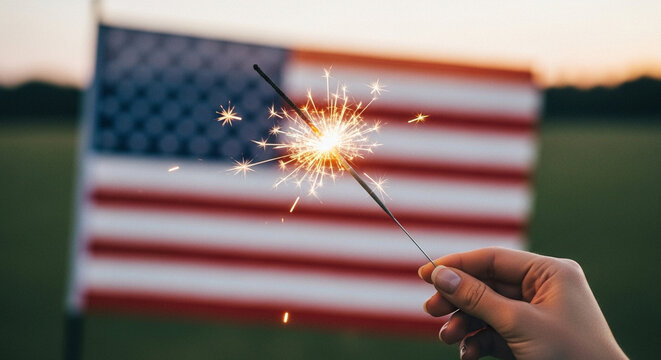 Hand holding sparkler in front of American flag.
Close-up of a sparkler lit in hand with a blurred U.S. flag in background during dusk.
- Powered by Adobe