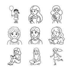 line art of sweet baby  girl bundle on the white background