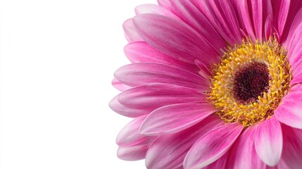 A close-up view of a vibrant pink flower with delicate petals and a detailed yellow center, isolated on a white background.