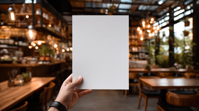 Hand holding a blank paper poster design for a restaurant, Mock up for a poster design displaying menu or design in a restaurant