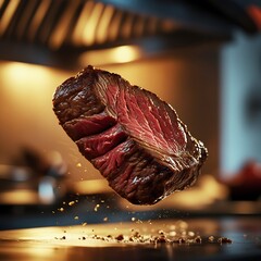 Juicy Grilled Steak, Levitation Shot, Gourmet Food Photography, Restaurant Menu Image, Premium Quality, Warm Lighting
