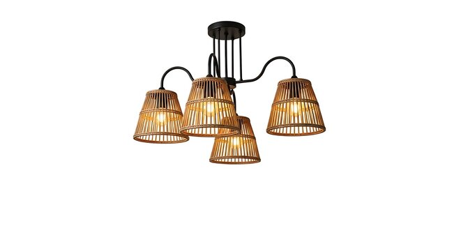 Hanging Light Fixture with Rattan Shade Design and Black Accents