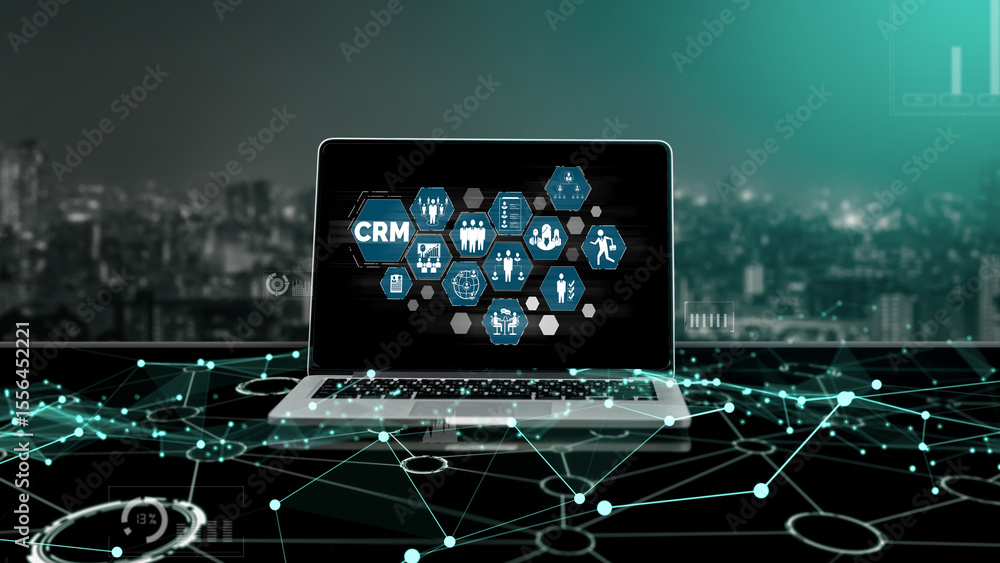 Poster customer relationship management system on modish computer for crm business and enterprise