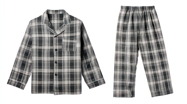Men's plaid pajama set, front and back views, laid flat, white background, classic design, crisp shadows