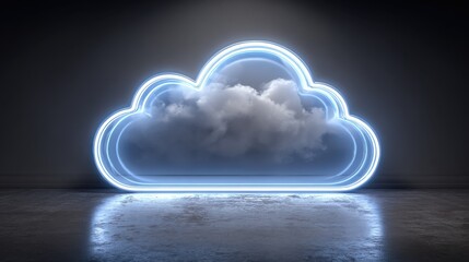 3d rendering concept cloud computing illustration. Light blue neon cloud icon on dark background
