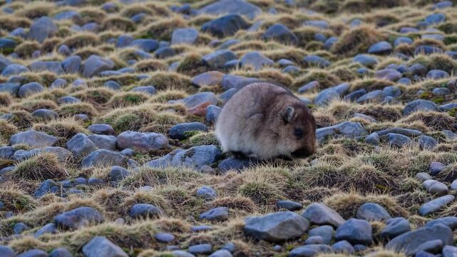 Close-up video of a fluffy animal on rocky terrain, captured from a low angle, highlighting the texture of the grass and stones.