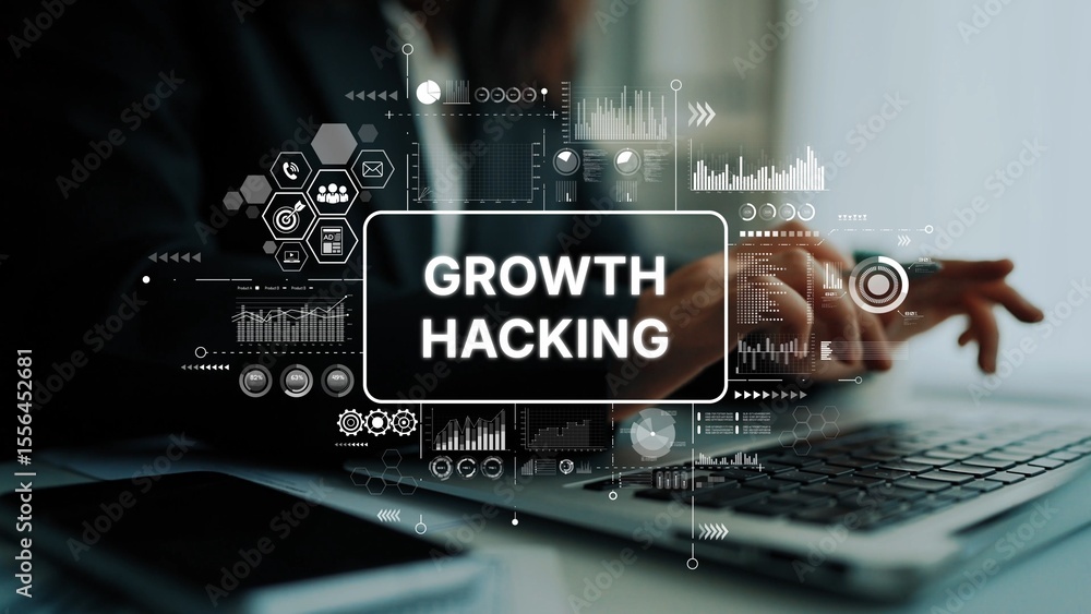 Poster growth hacking strategy in digital marketing with data analytics and modern technology concepts in b