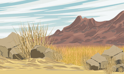 Sand dunes at the foot of a high mountain range. Desert near the mountains. Realistic vector landscape