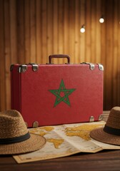 Vintage Suitcase with Morocco Flag, Hats, and a World Map for Travel Adventure