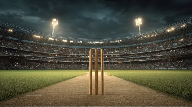 Modern sport stadium at night and cricket field with wooden wicket ready for the match. Sports background as 3D illustration in vertical format for social media advertising. - Powered by Adobe