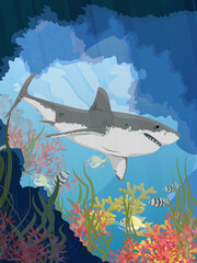 Great white shark swims in the ocean. Underwater grotto with corals and seaweed. Realistic vector vertical landscape