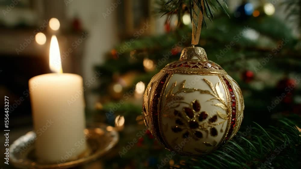 Poster a close-up of an ornate christmas tree ornament and a flickering candle creating a warm and cozy hol