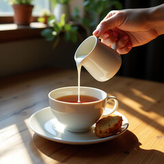 Cream being poured into a cup of tea, a cozy morning scene.