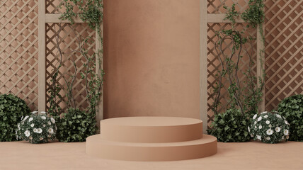 Elegant minimalist podium presentation with lush greenery and decorative wooden background