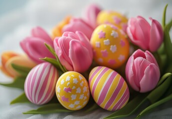 Obraz premium Colorful Easter Eggs Surrounded by Pink Tulips in Soft Light
