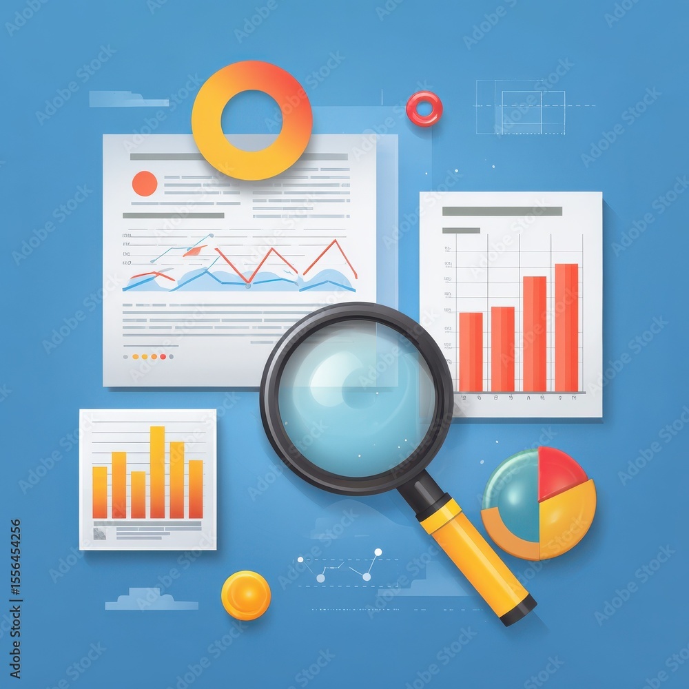Poster digital and internet marketing analytics. statistics data of market and customer research. magnifyin