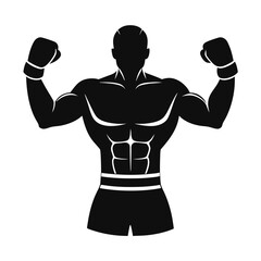 Fototapeta premium Strong boxer silhouette flexing showing muscles and wearing boxing gloves in black