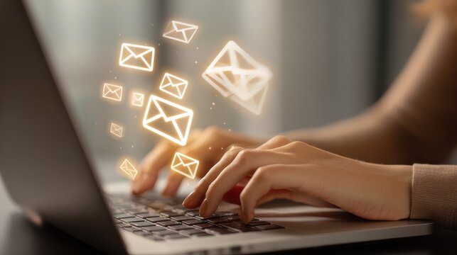 Female hands using a laptop with digital business letters displayed. Concept of email marketing