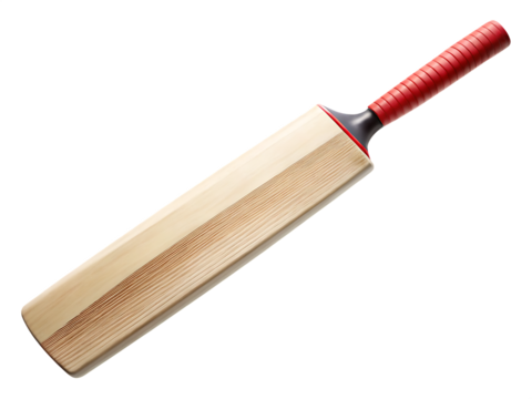 Wooden cricket bat with red grip isolated on a transparent background willow grain, PNG