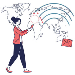 Global Communication via Smartphone – Woman Sending Messages Worldwide Vector Illustration