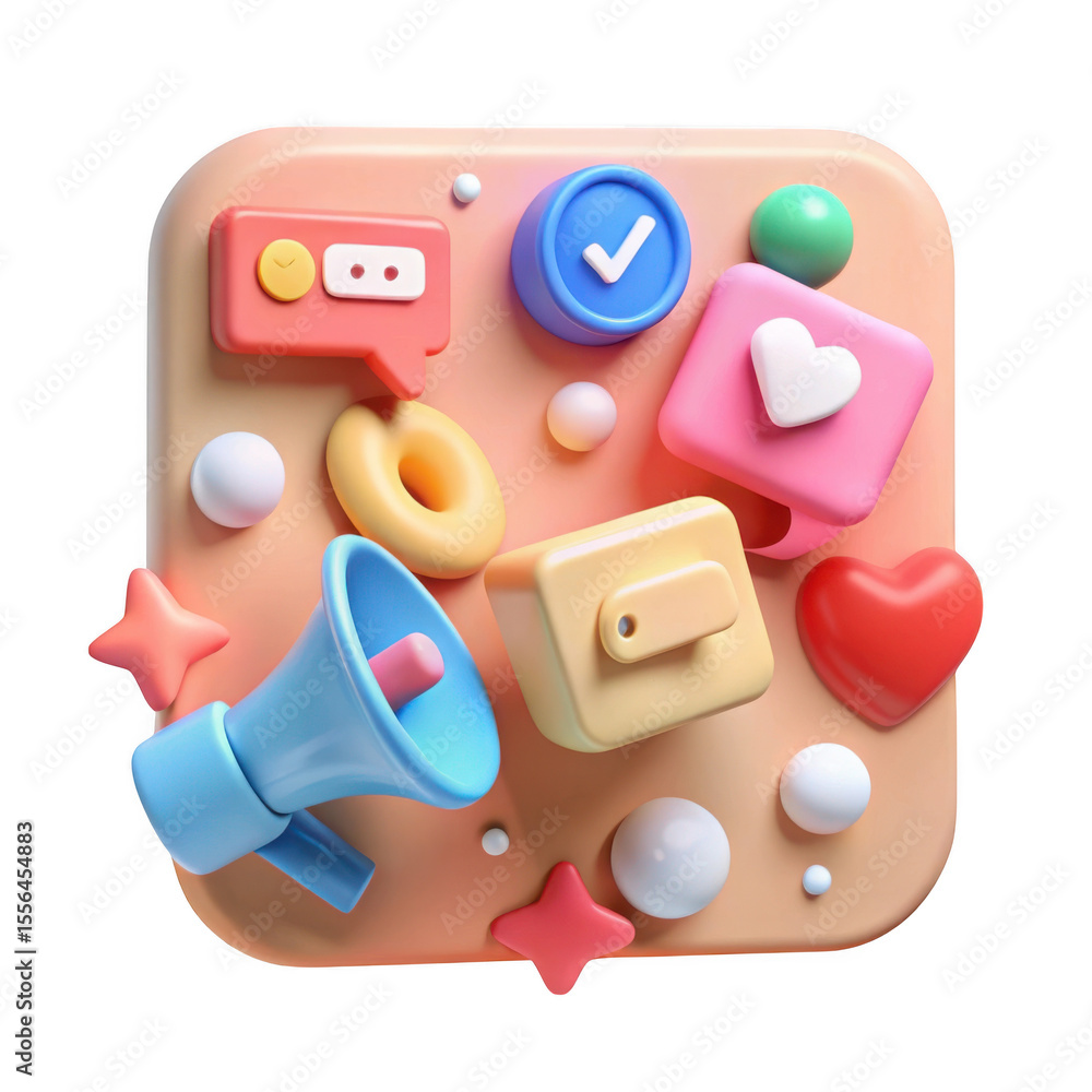 Poster vibrant 3d social media icons and elements arranged on a soft peach background isolated on transpare